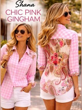Shana,Fantastic Pink-Gingham Button-Up Shirt,Iconic SHANA,Excellent Condition